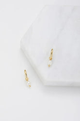 Gold Pearl Drop Huggie Hoop Earrings