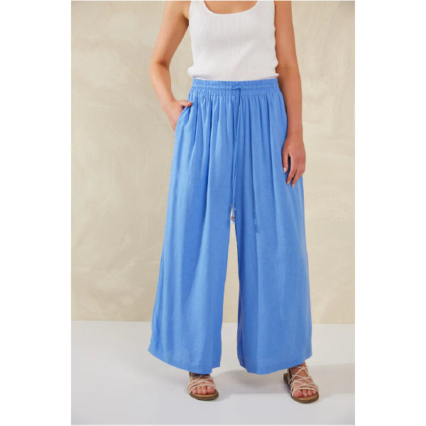 Wide-Leg Linen Blend Pants - Blue
