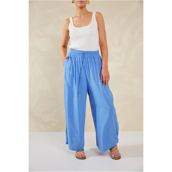 Wide-Leg Linen Blend Pants - Blue