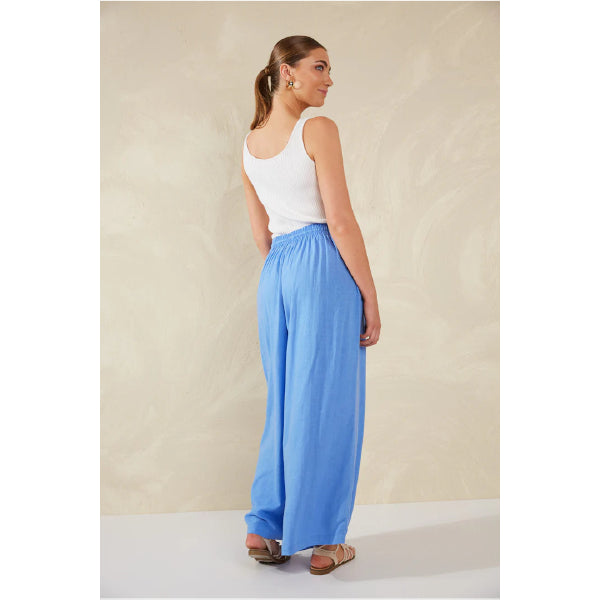 Wide-Leg Linen Blend Pants - Blue