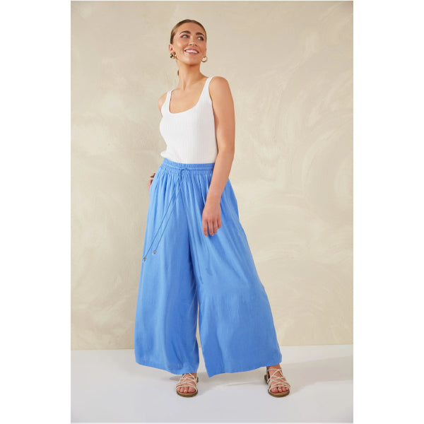 Wide-Leg Linen Blend Pants - Blue