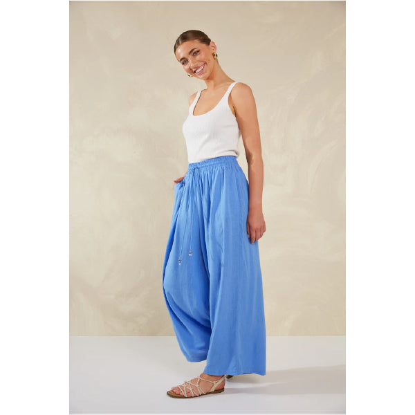 Wide-Leg Linen Blend Pants - Blue