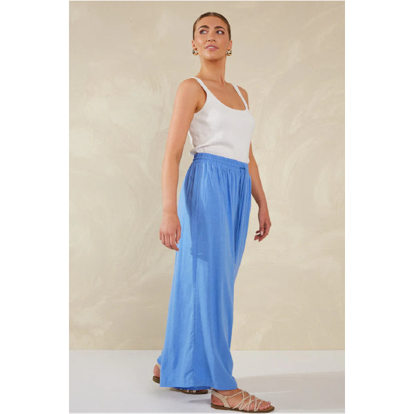 Wide-Leg Linen Blend Pants - Blue