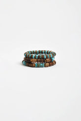 Trio Stone & Timber Stretch Bracelet Set – Turquoise/Chocolate