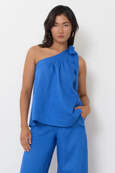 Frida One Shoulder Tie Linen Top – Blue