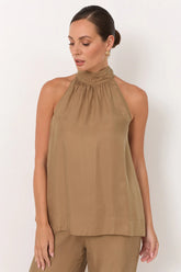 Kendra High Neck Cupro Top – Mocha