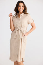Arrival Shirt Dress – Latte Pinstripe
