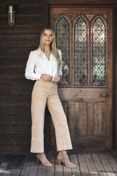Fleetwood Cord Pant in Wheat - lifestyle full length front view, Humidity