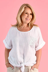 Nadia Sequin Pocket Top - White