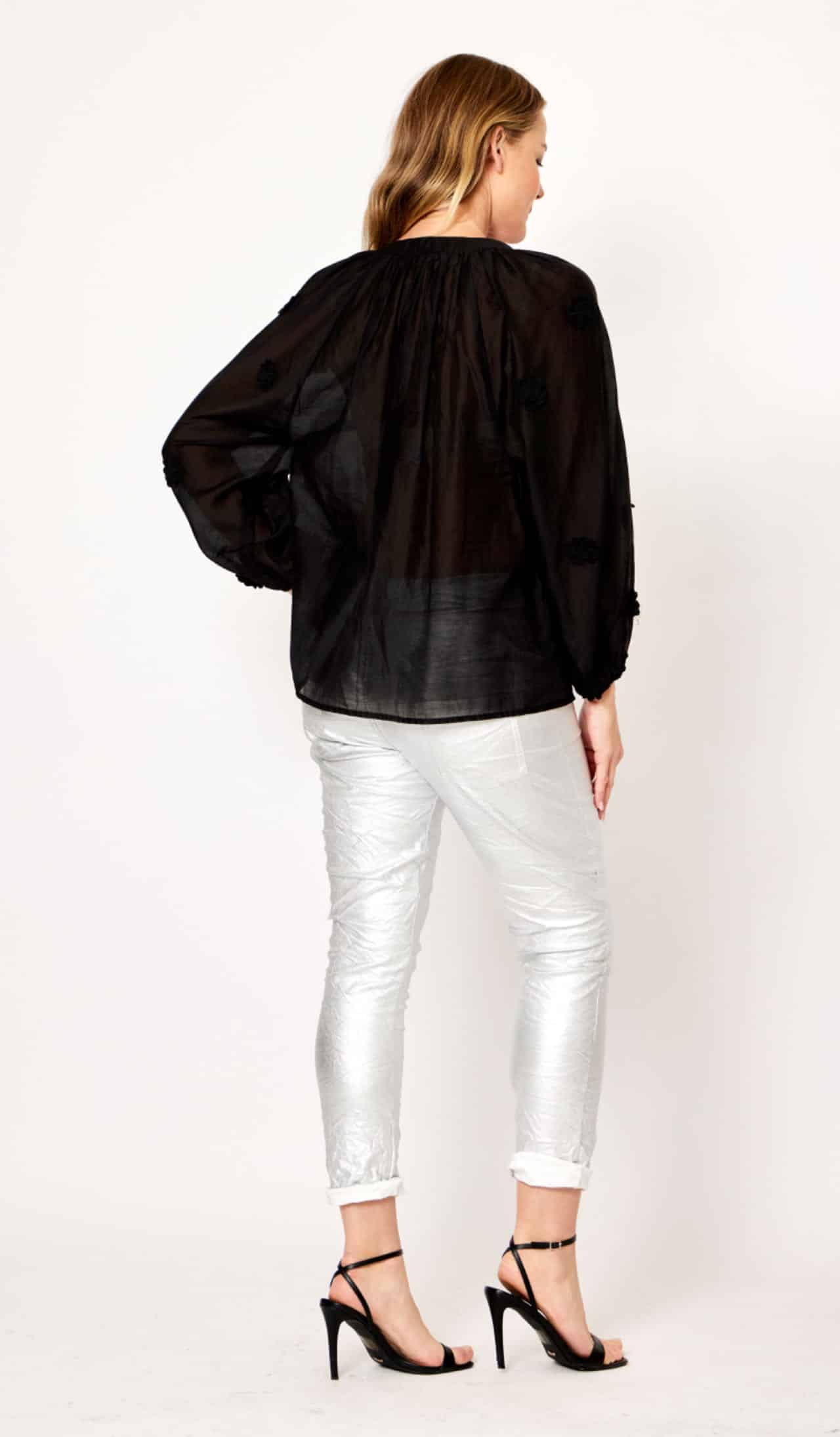 Applique Embroidery Button Shirt Black