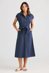 Classic Collared Shirt Dress - Navy
