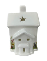 Floral Church ceramic tealight house - white with star cut-out roof and wildflower print
