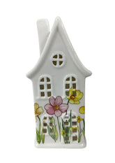 Daisy Delight ceramic tealight house with pink and yellow flower print