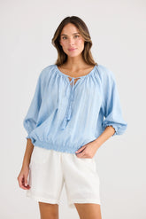 Holiday Trading Seaside Top – Blue Self-Stripe Blouse