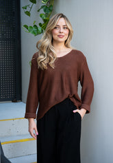 Silver Wishes Knit Top in Chocolate - model wearing V-neck cotton knit