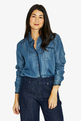 Jump Blanket Stitch Shirt in Denim Blue - model front view