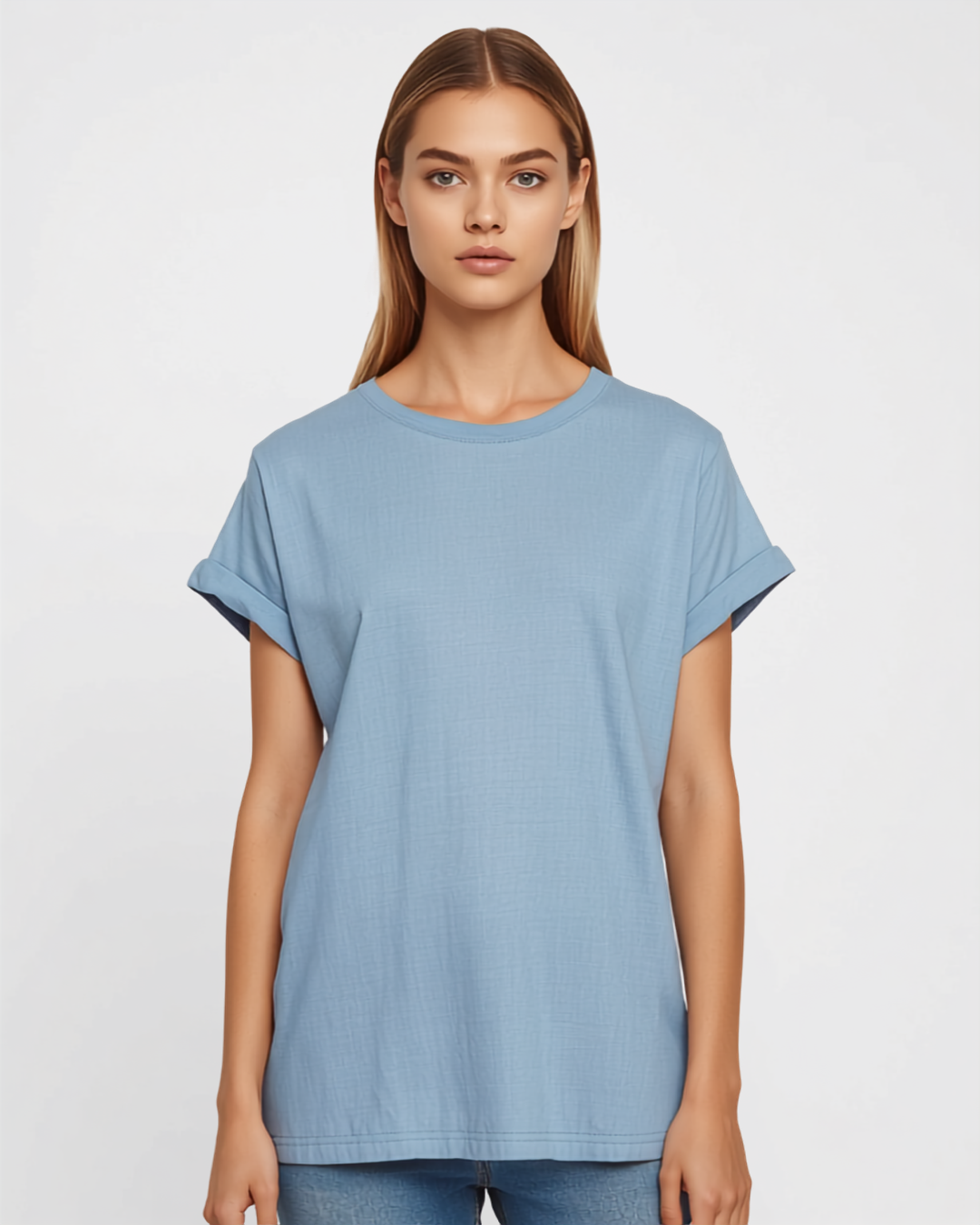 Generic placeholder: chambray-blue tee, not the exact Little Lies garment