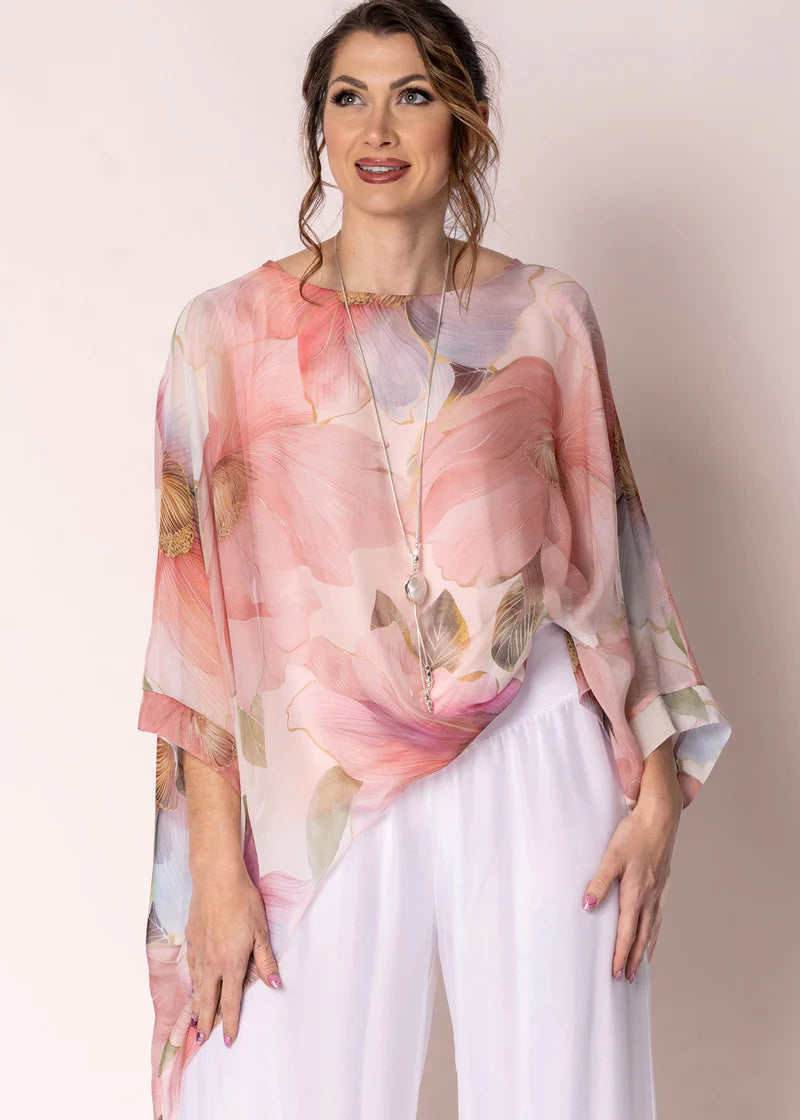 Olivine Silk Top – Pink Flower
