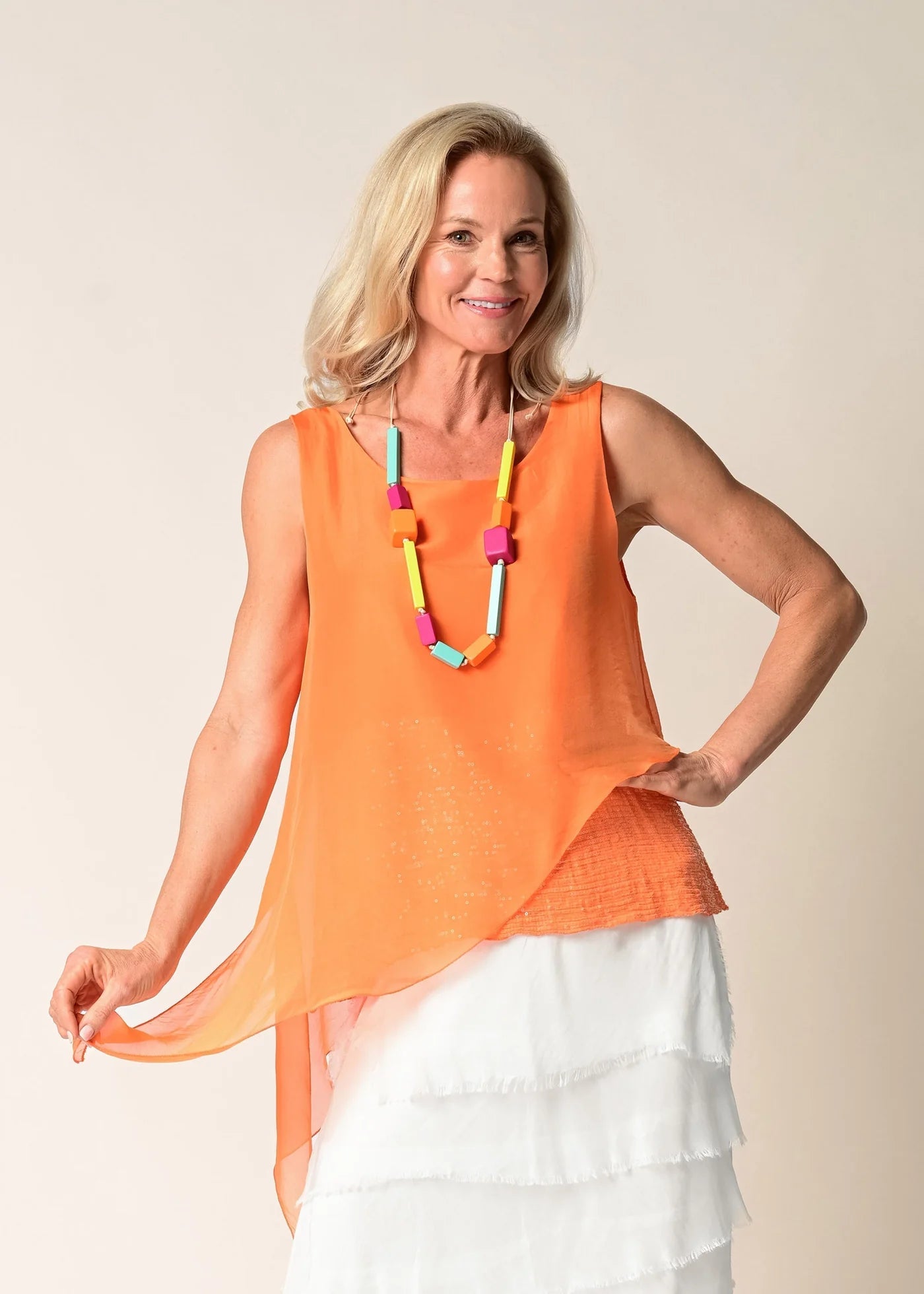 Silk Top with Sequinned Hem - Orange