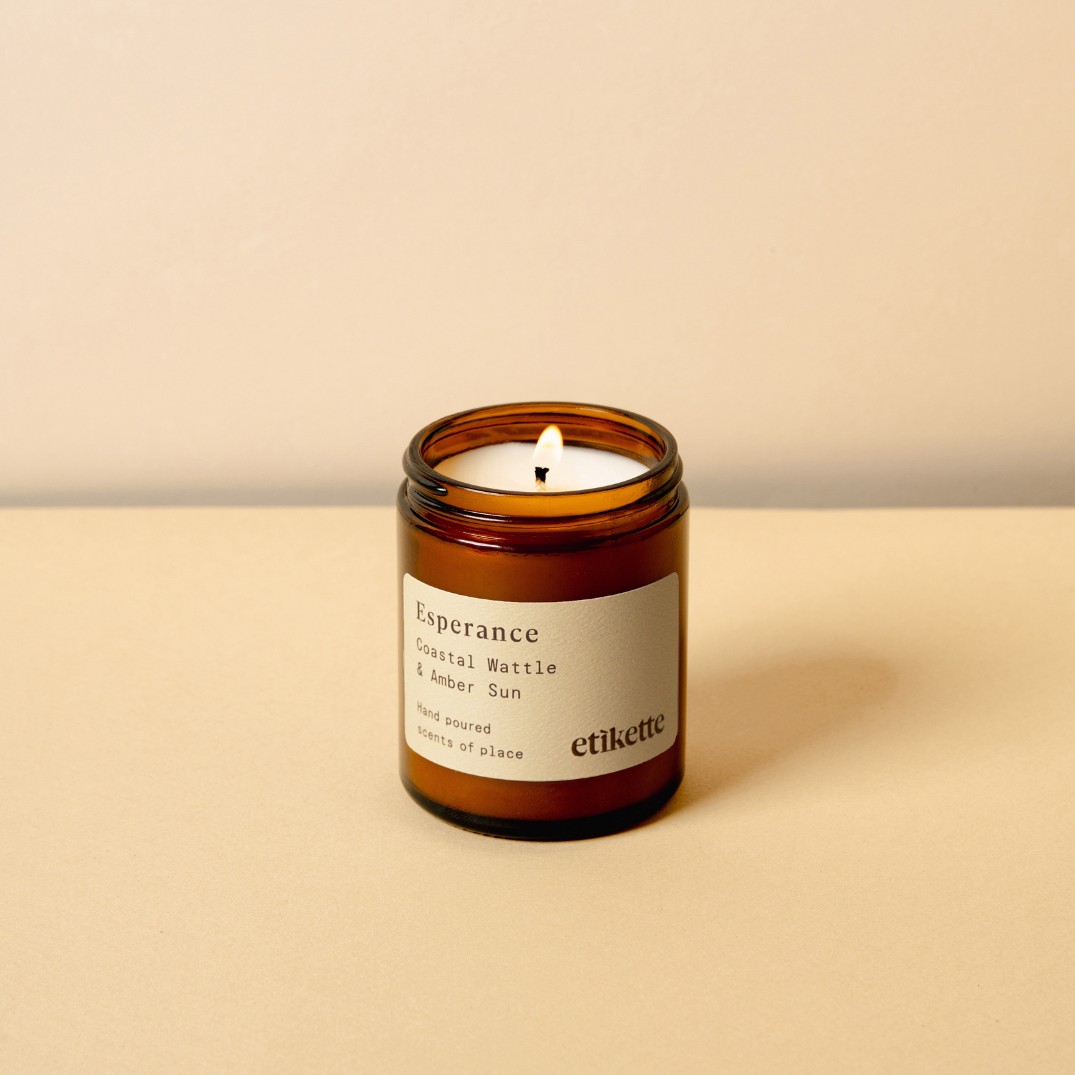 Esperance in Coastal Wattle & Amber Sun 500ml soy candle by Etikette