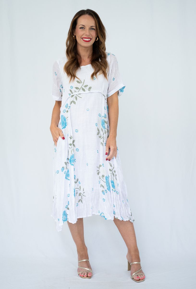 White Teal Floral Dress