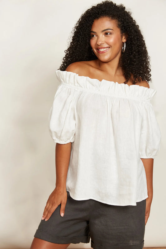 Ruched Neckline Linen Top - White