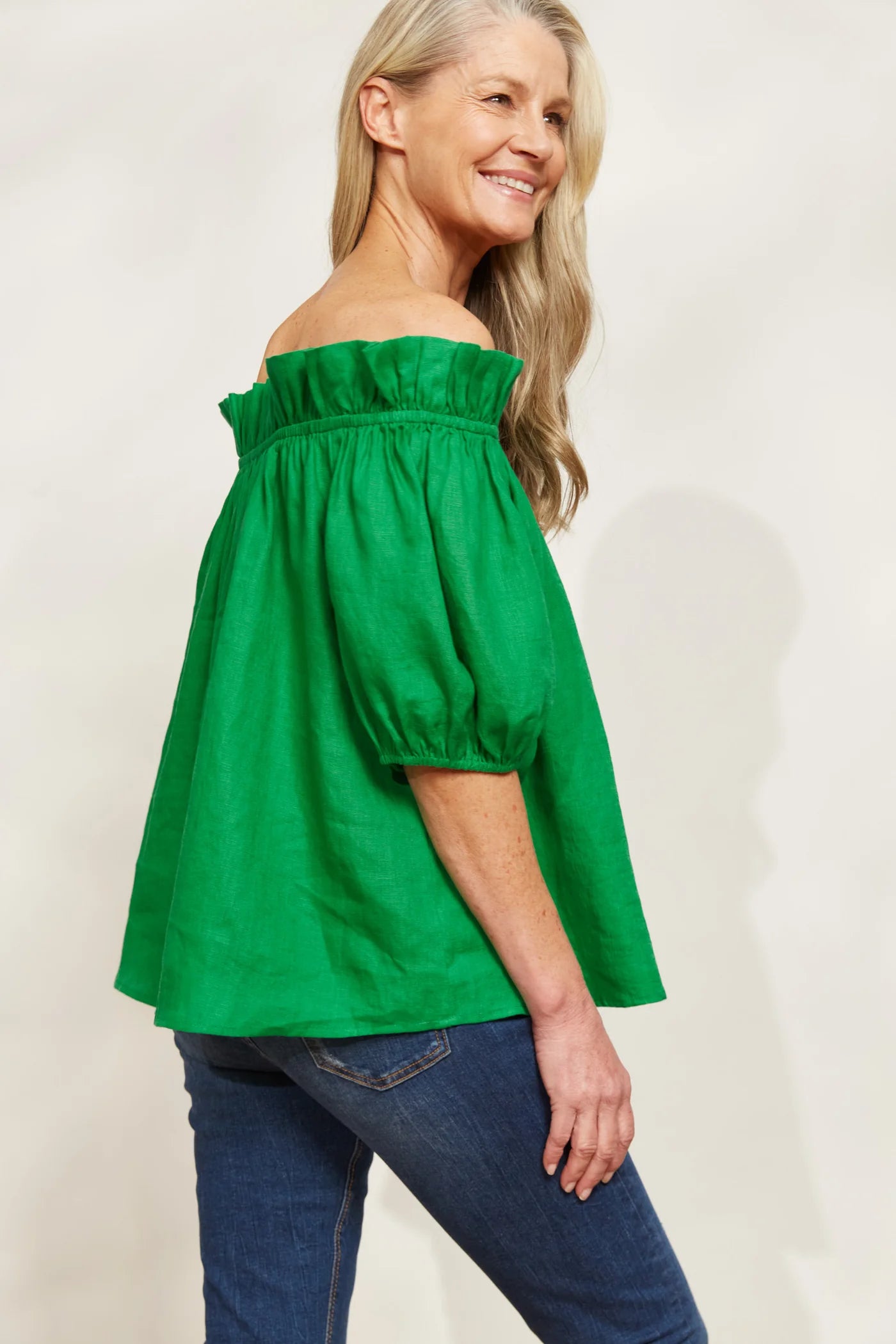 Ruched Neckline Linen Top - Green