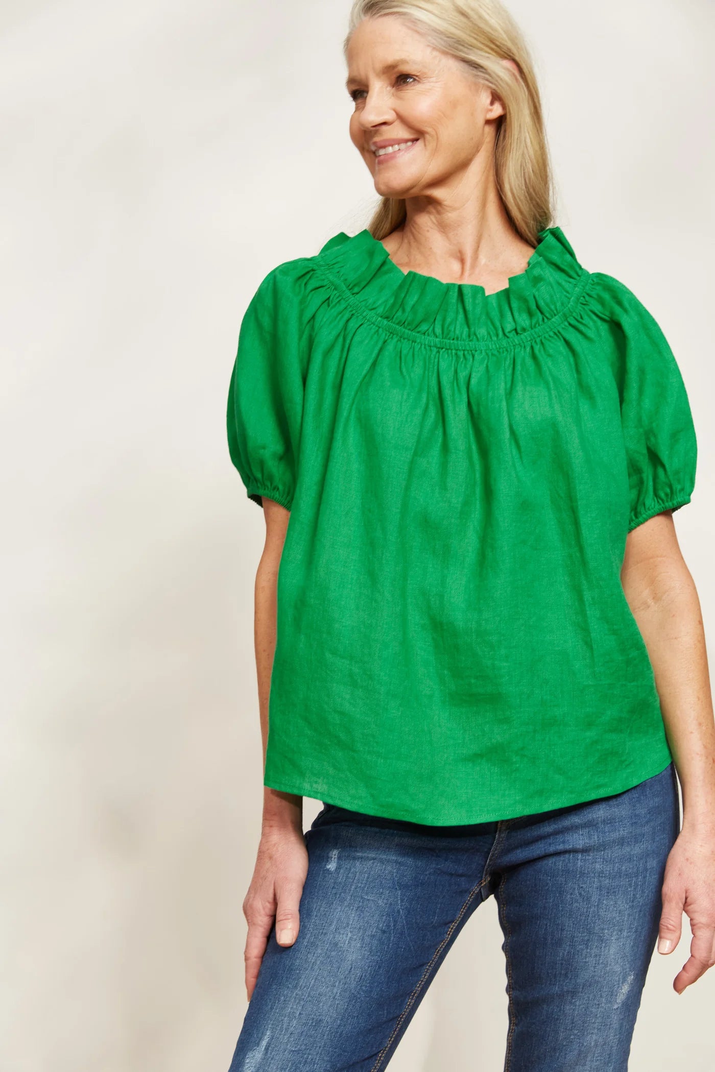 Ruched Neckline Linen Top - Green