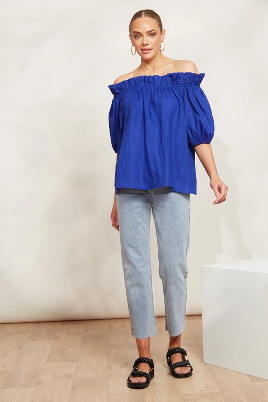 Linen Ruched Top - Blue