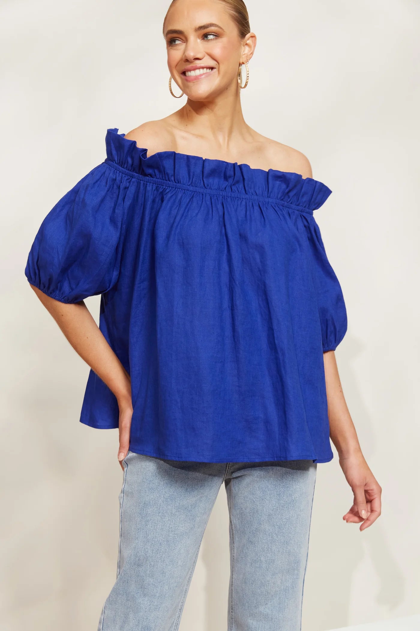 Linen Ruched Top - Blue