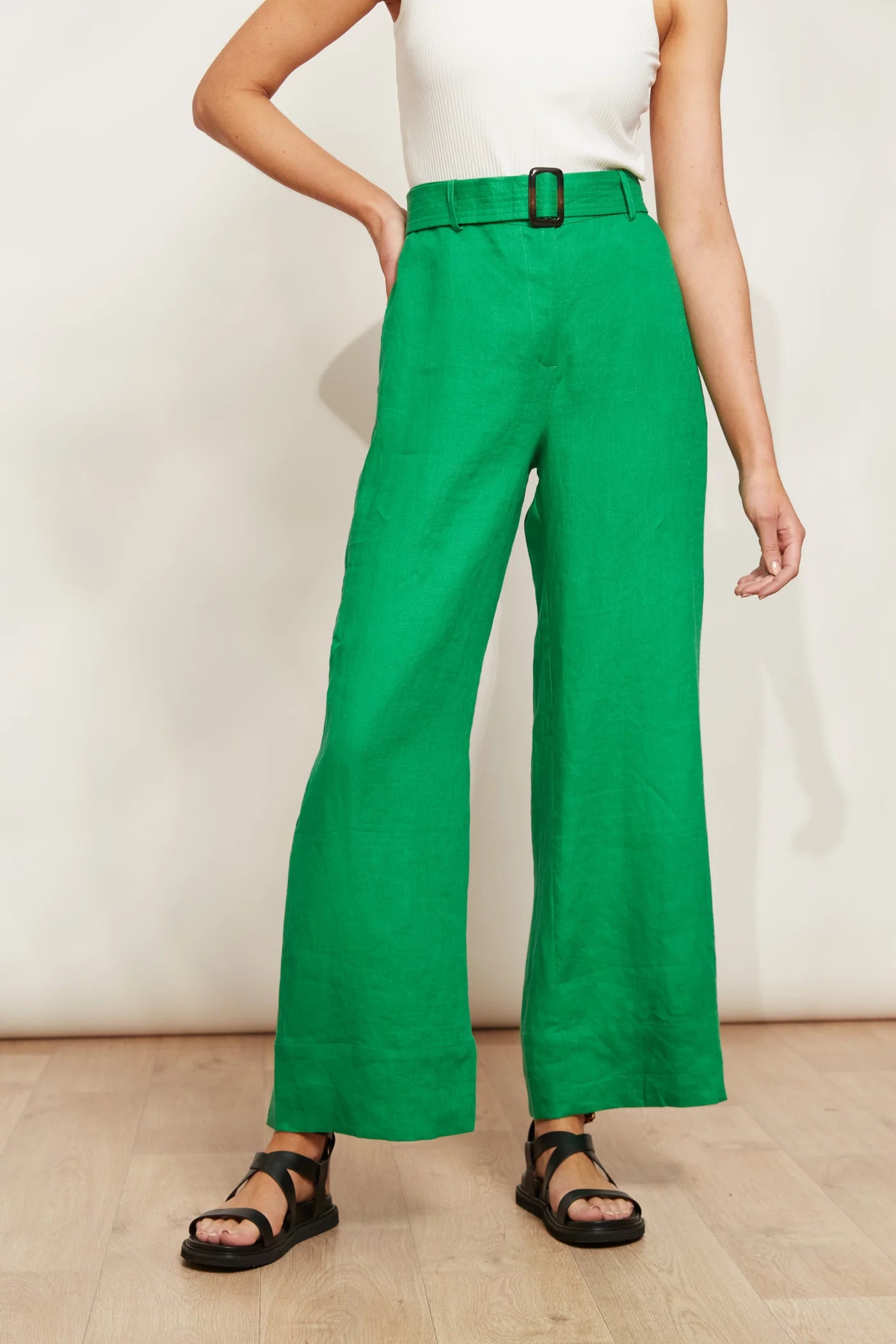 High-Waisted Linen Pants - Green