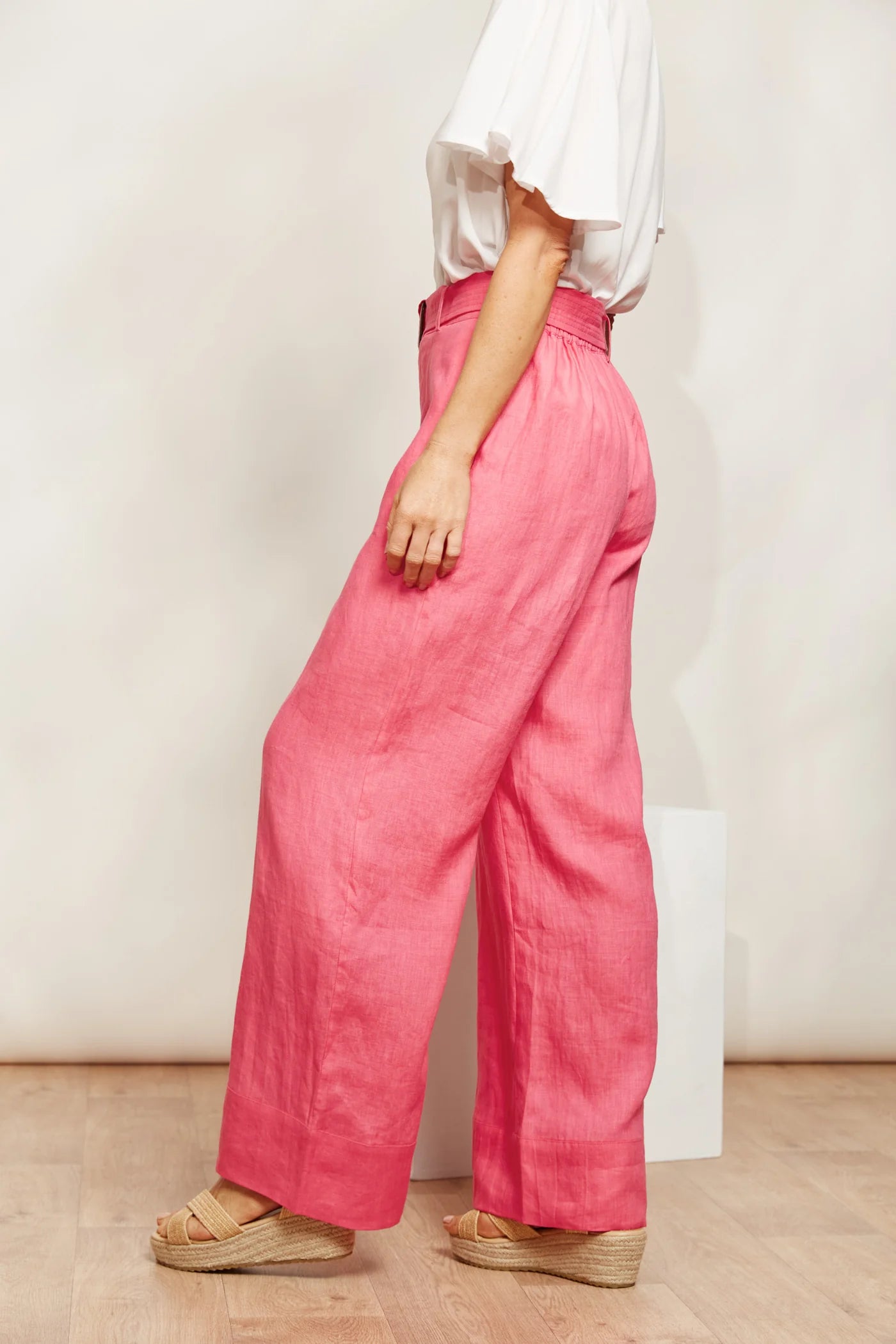 High-Waisted Linen Pants - Pink