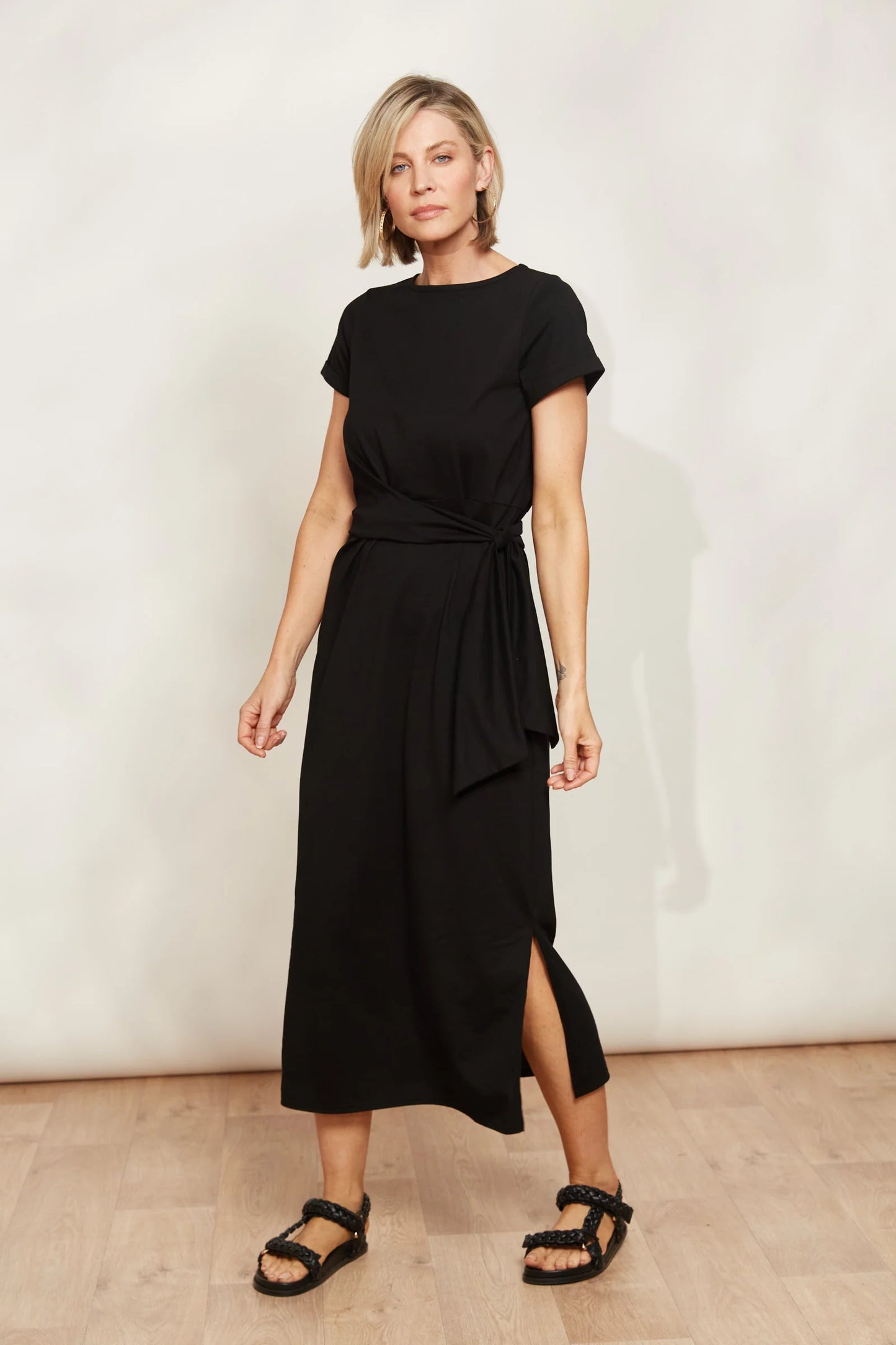 Mock Wrap Tie Dress - Black