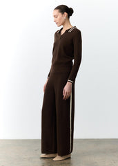 Amelia Knitted Jumper in brown with contrast cream stripe collar - close up detail