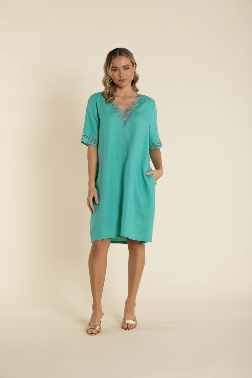 Lace Trim V-Neck Dress - Seafoam