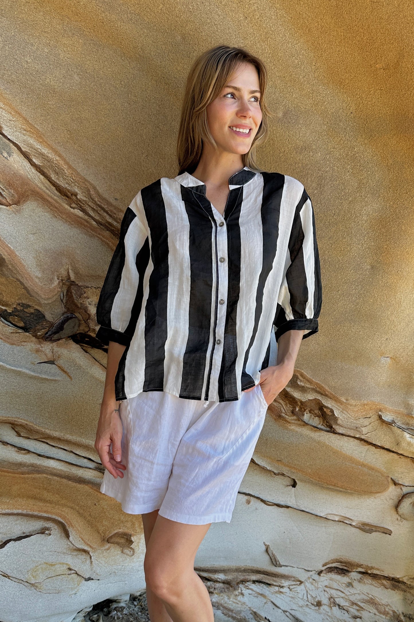 Striped Linen Blouse - Black & White