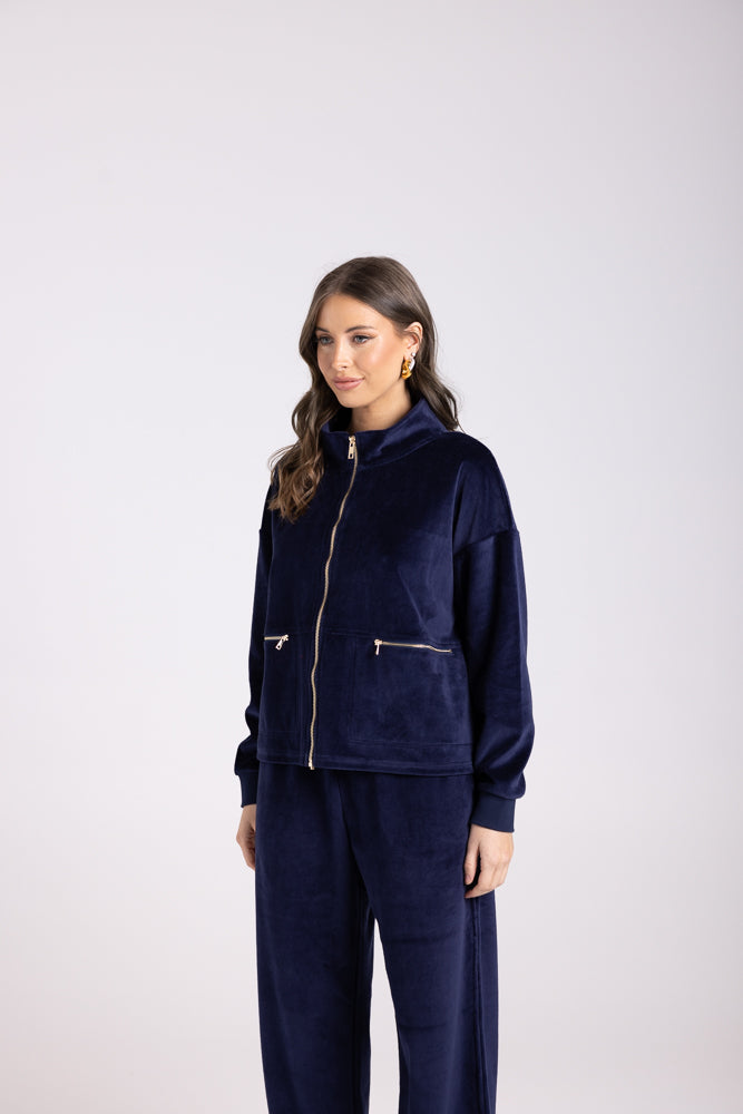 Two T's Velour Jacket in French Navy, women's plush cotton blend jacket