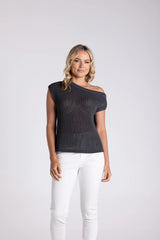 Tape Yarn Knit with Boat Neck - Charcoal