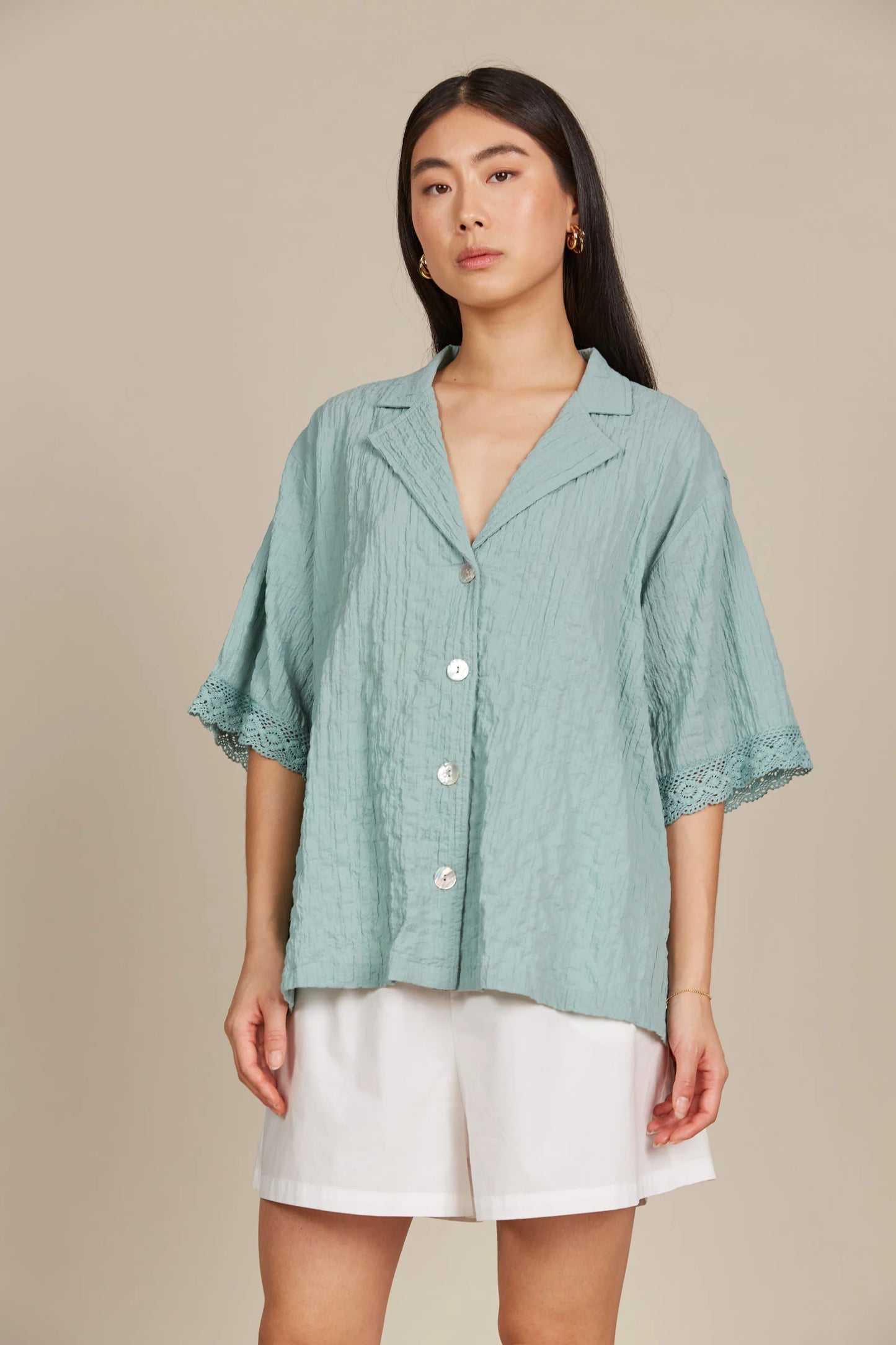 Fleur Lace Detail Shirt - Seafoam