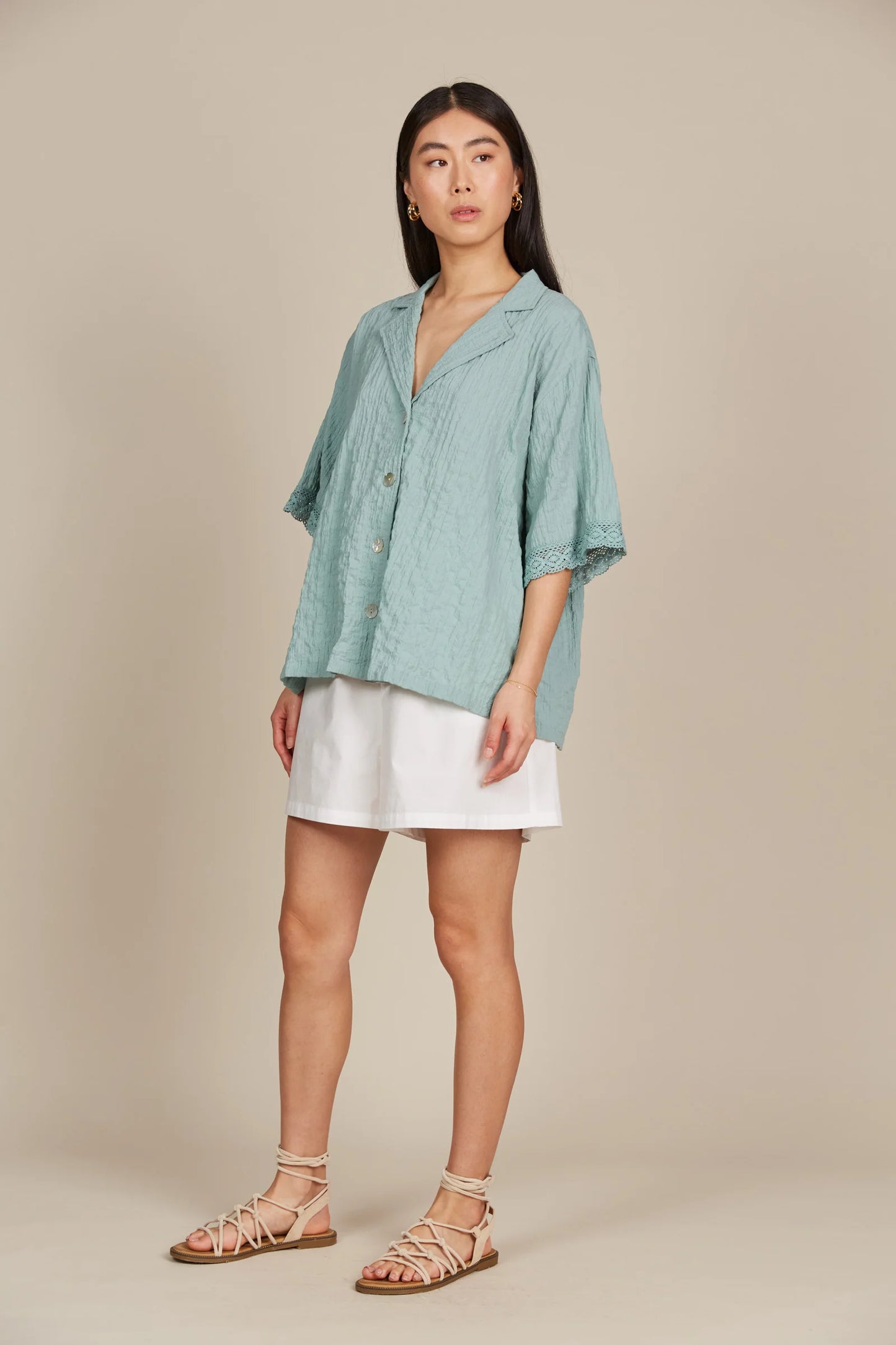 Fleur Lace Detail Shirt - Seafoam