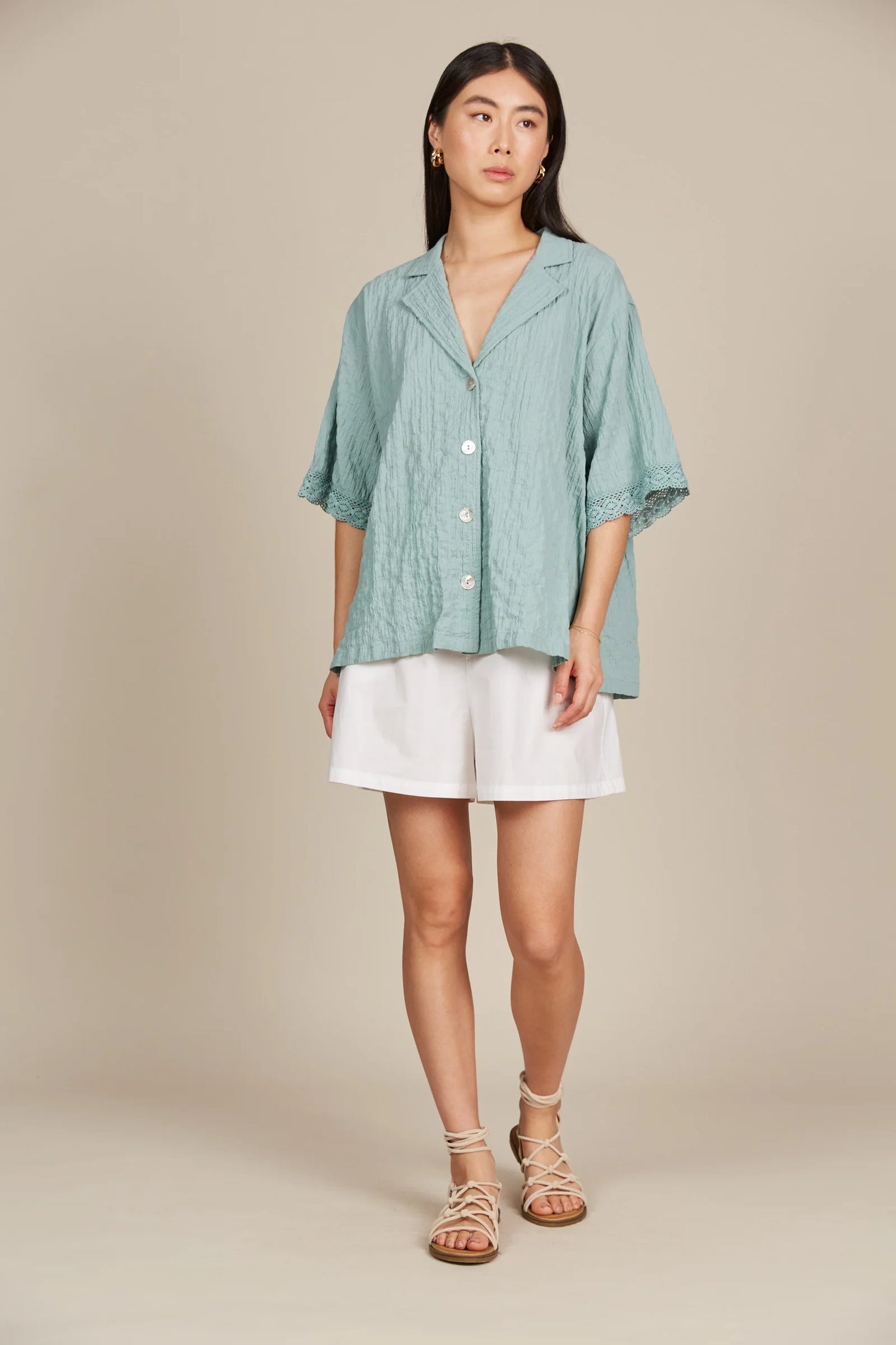 Fleur Lace Detail Shirt - Seafoam