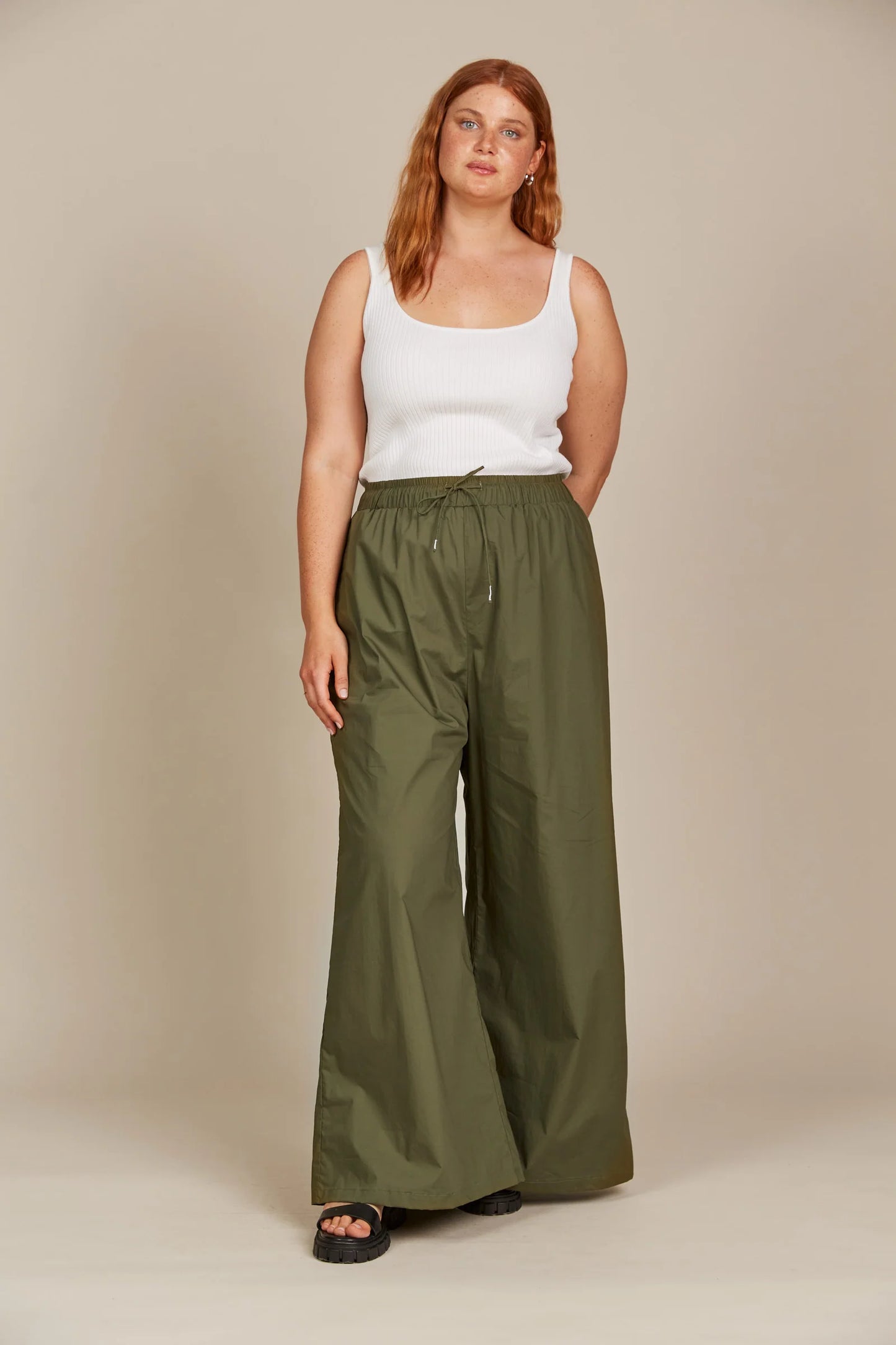 High-Rise Wide Leg Pants - Olive