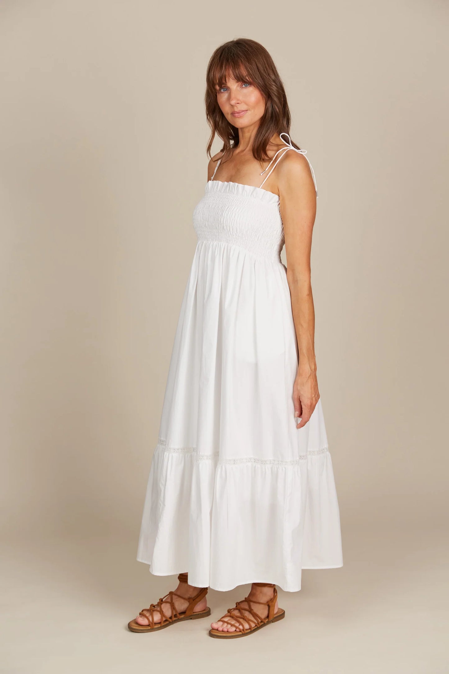 Shirred Cotton Maxi Dress - White