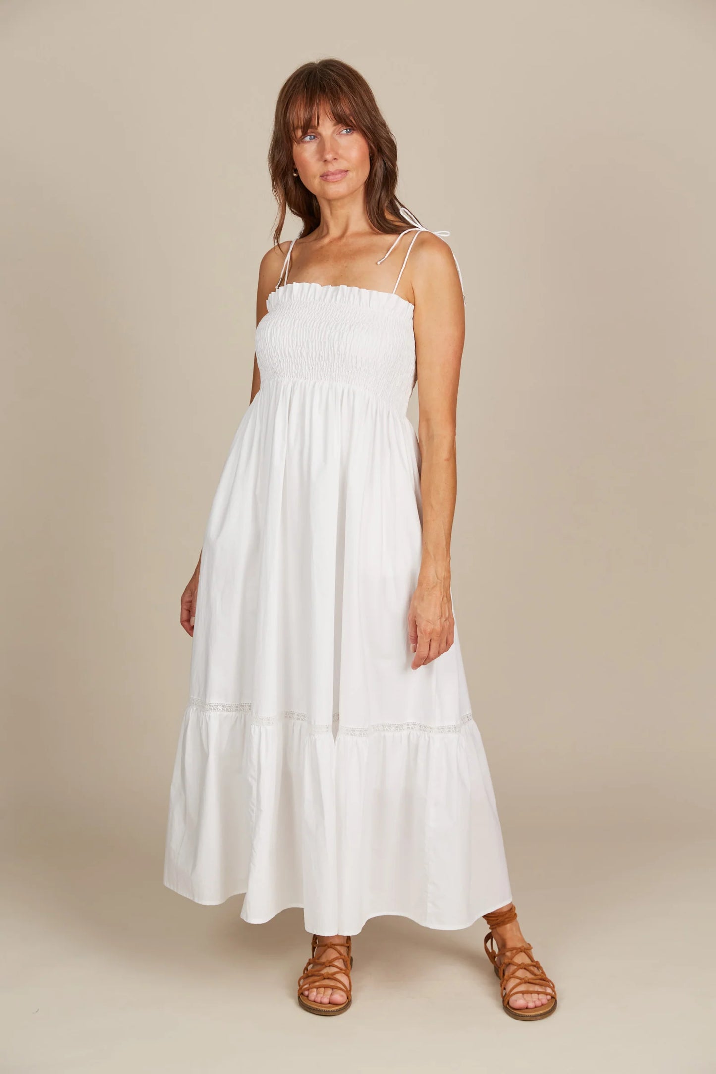 Shirred Cotton Maxi Dress - White