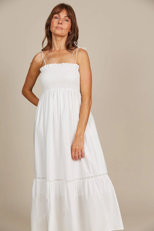 Shirred Cotton Maxi Dress - White