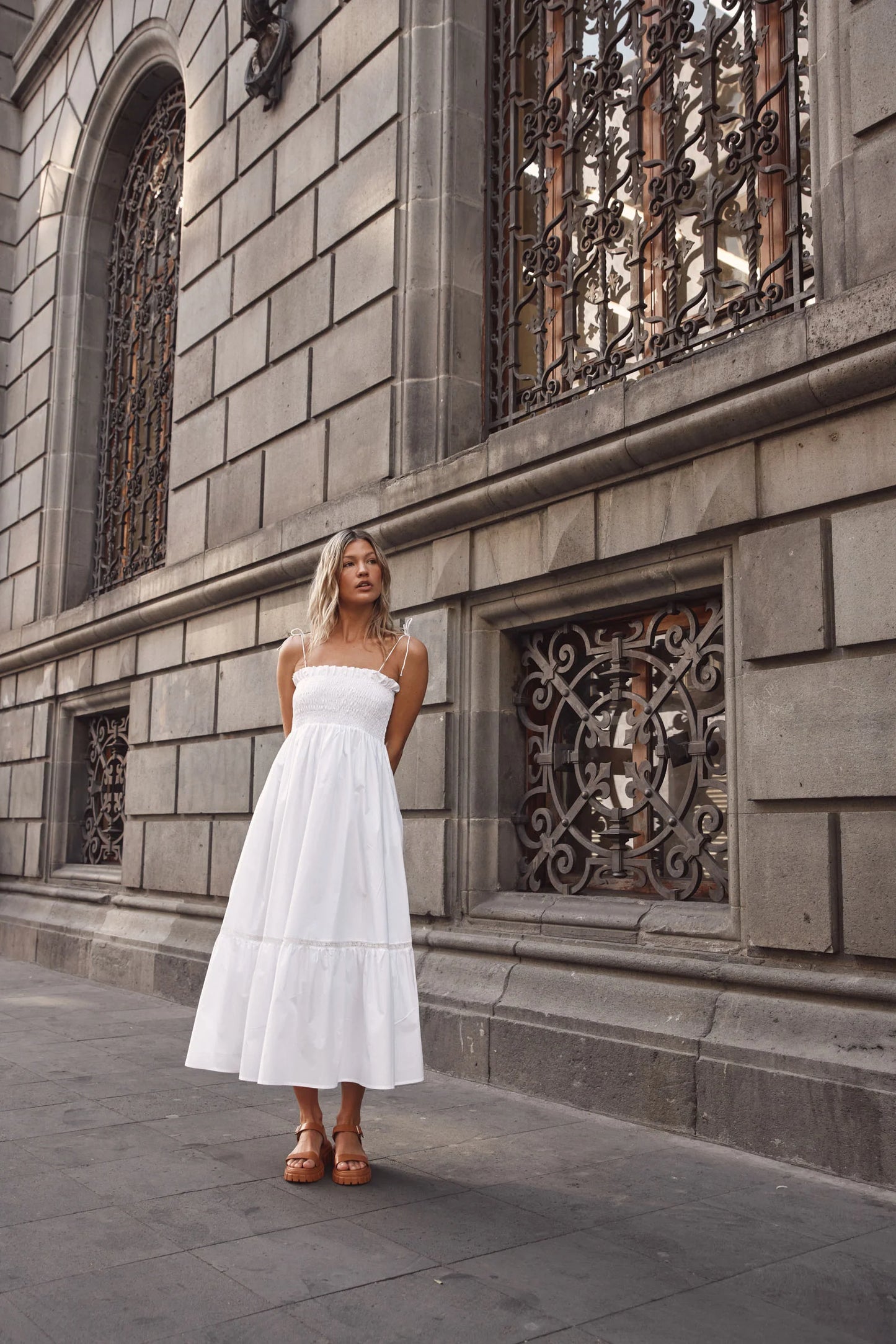 Shirred Cotton Maxi Dress - White