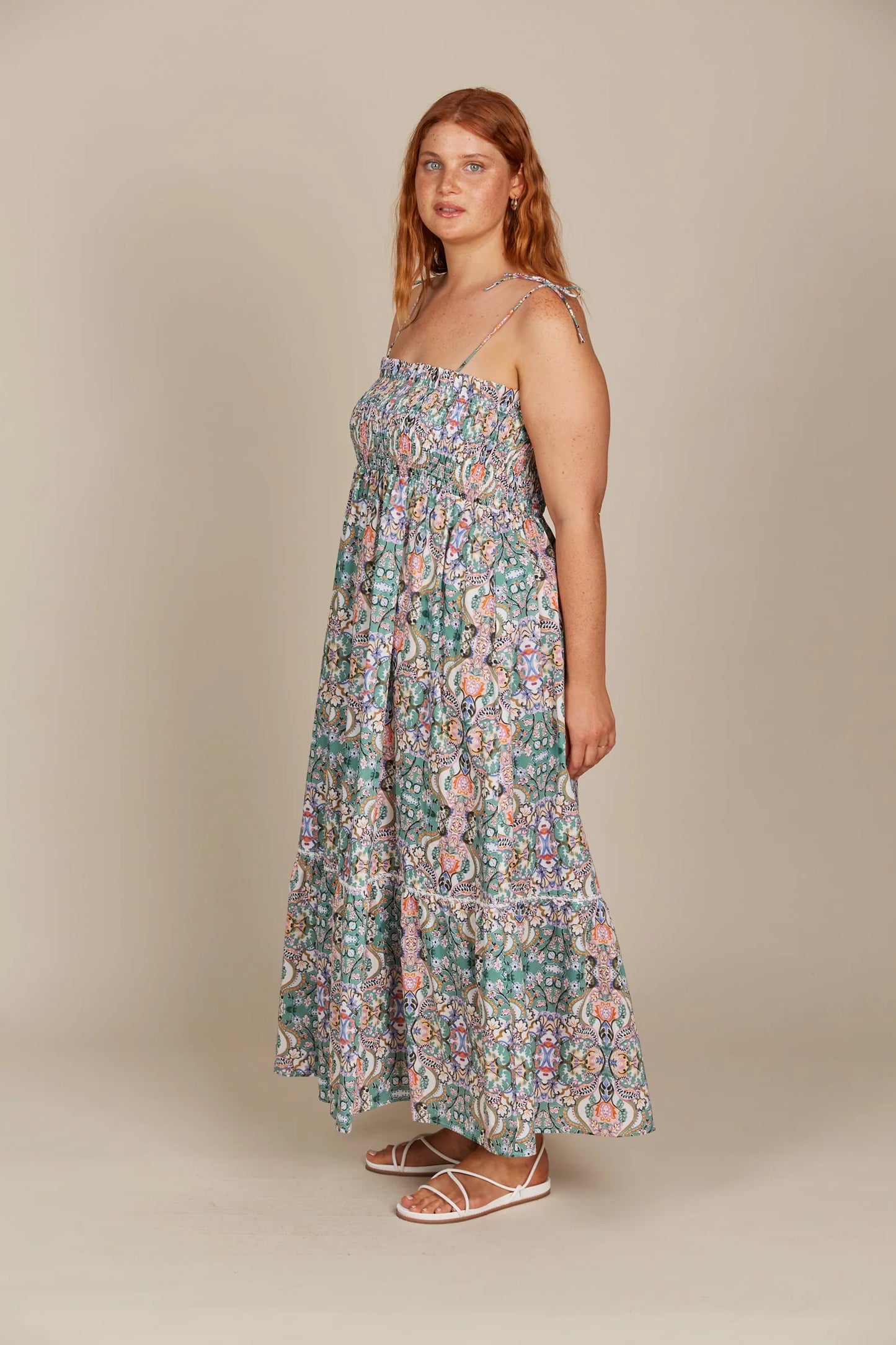 Shirred Cotton Maxi Dress - Lotus Fleuron