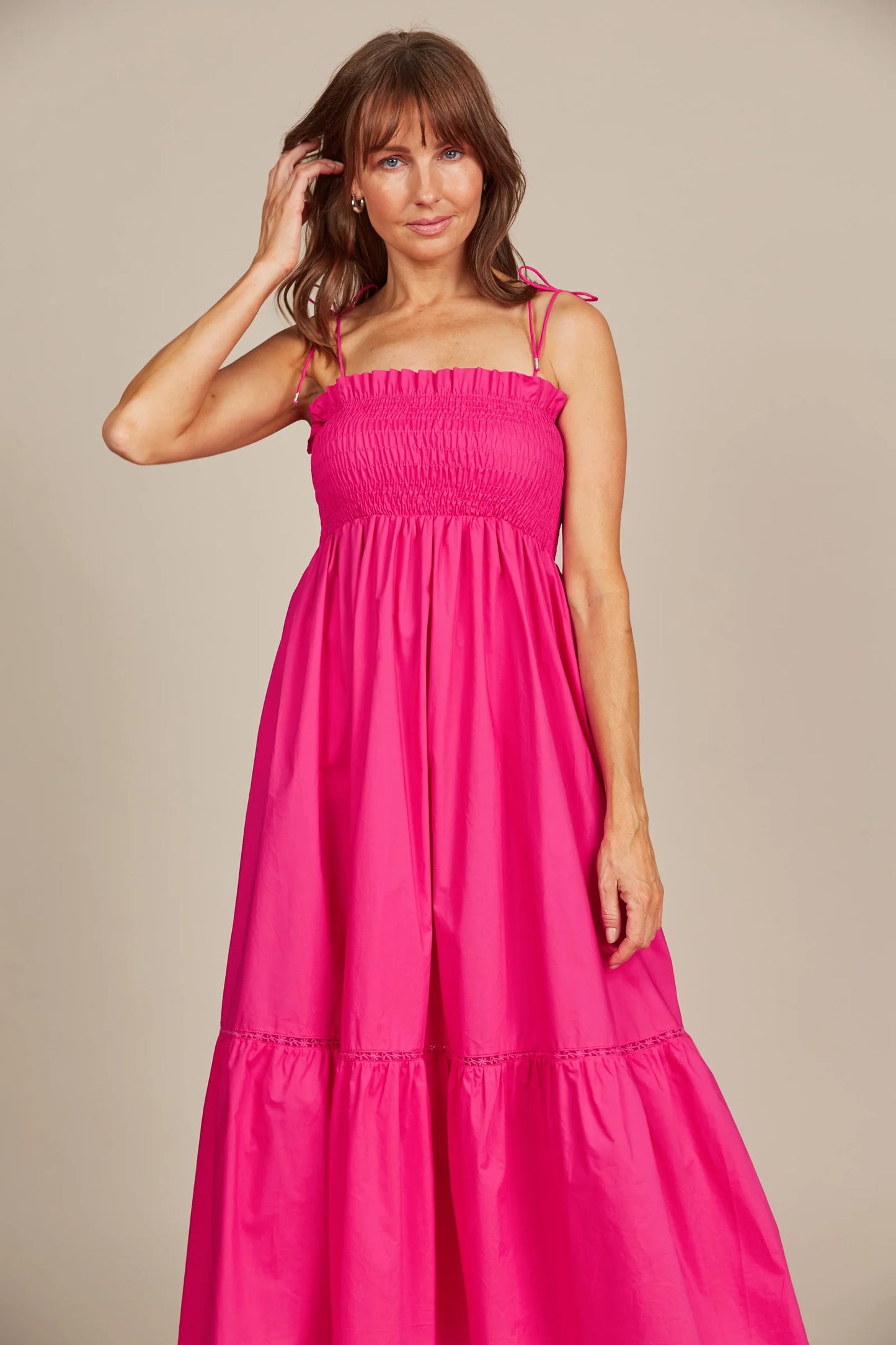 Shirred Cotton Maxi Dress - Raspberry