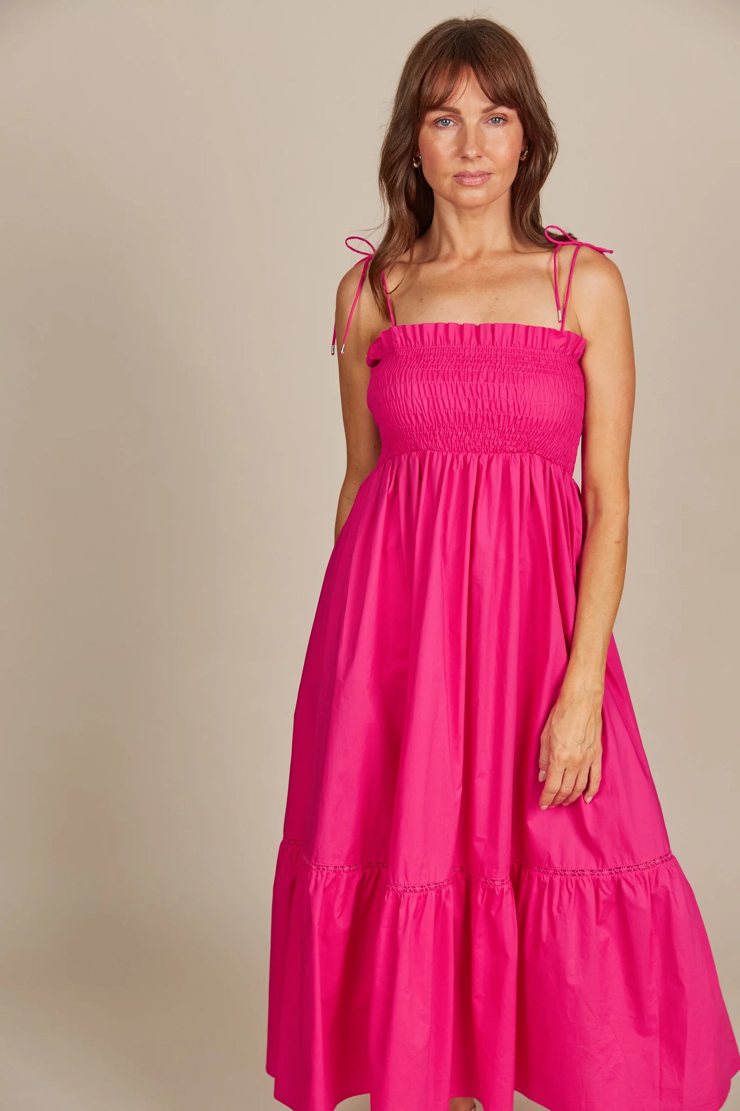 Shirred Cotton Maxi Dress - Raspberry