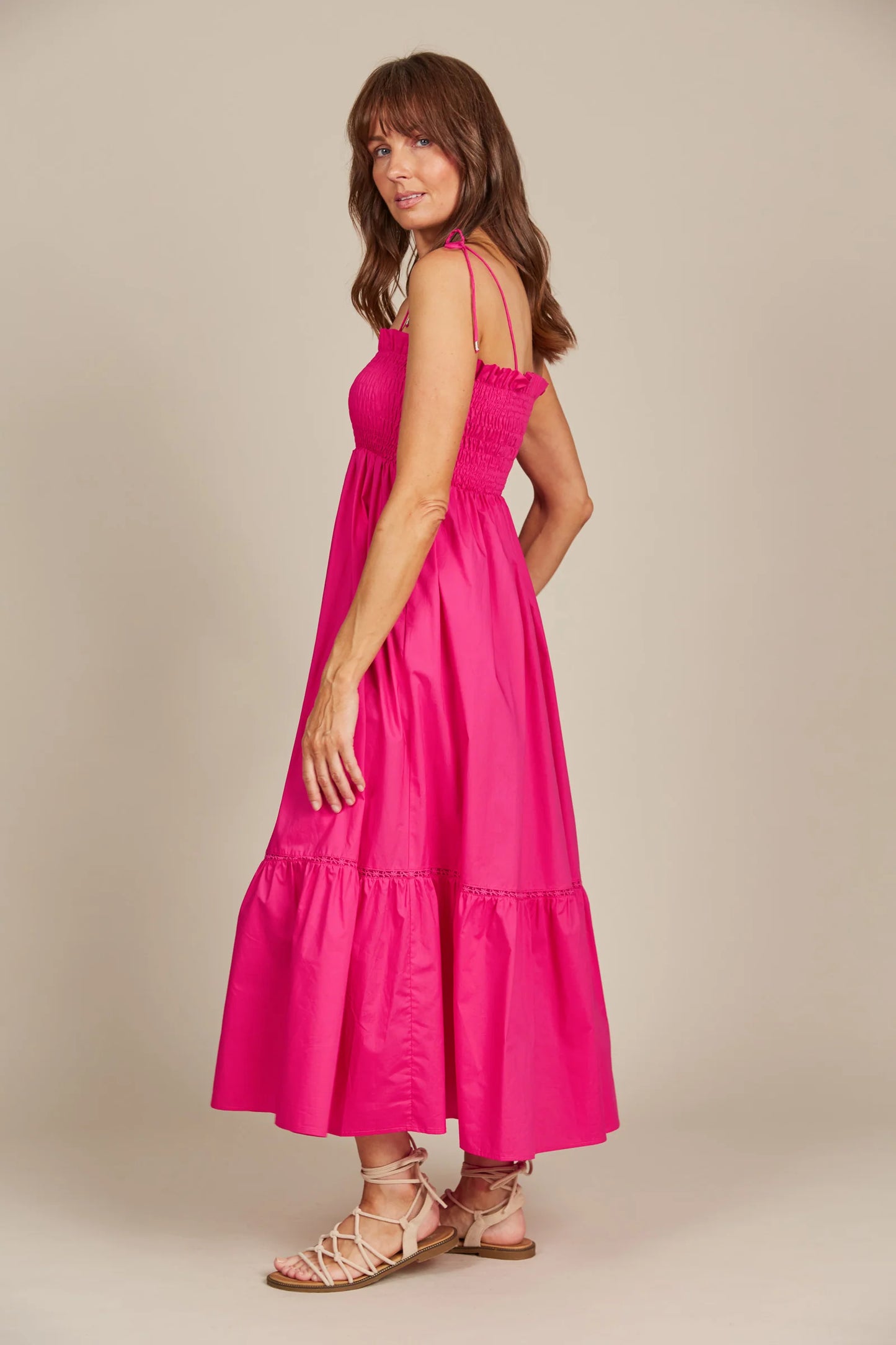 Shirred Cotton Maxi Dress - Raspberry